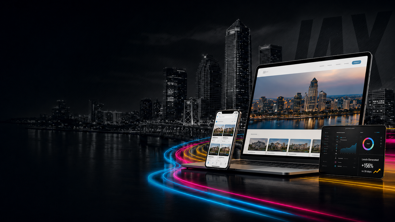 Website and marketing project mockups over a Jacksonville city background